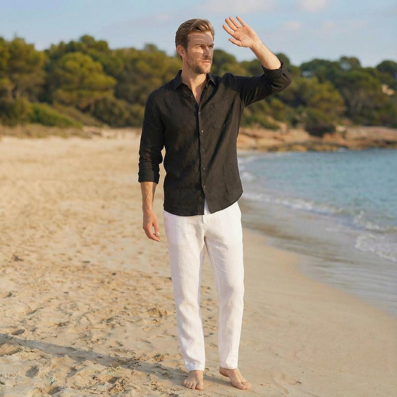 Men's Linen Shirt, Bohemian Long Sleeve Casual Top, Mens Summer Pure Linen Button Shirt