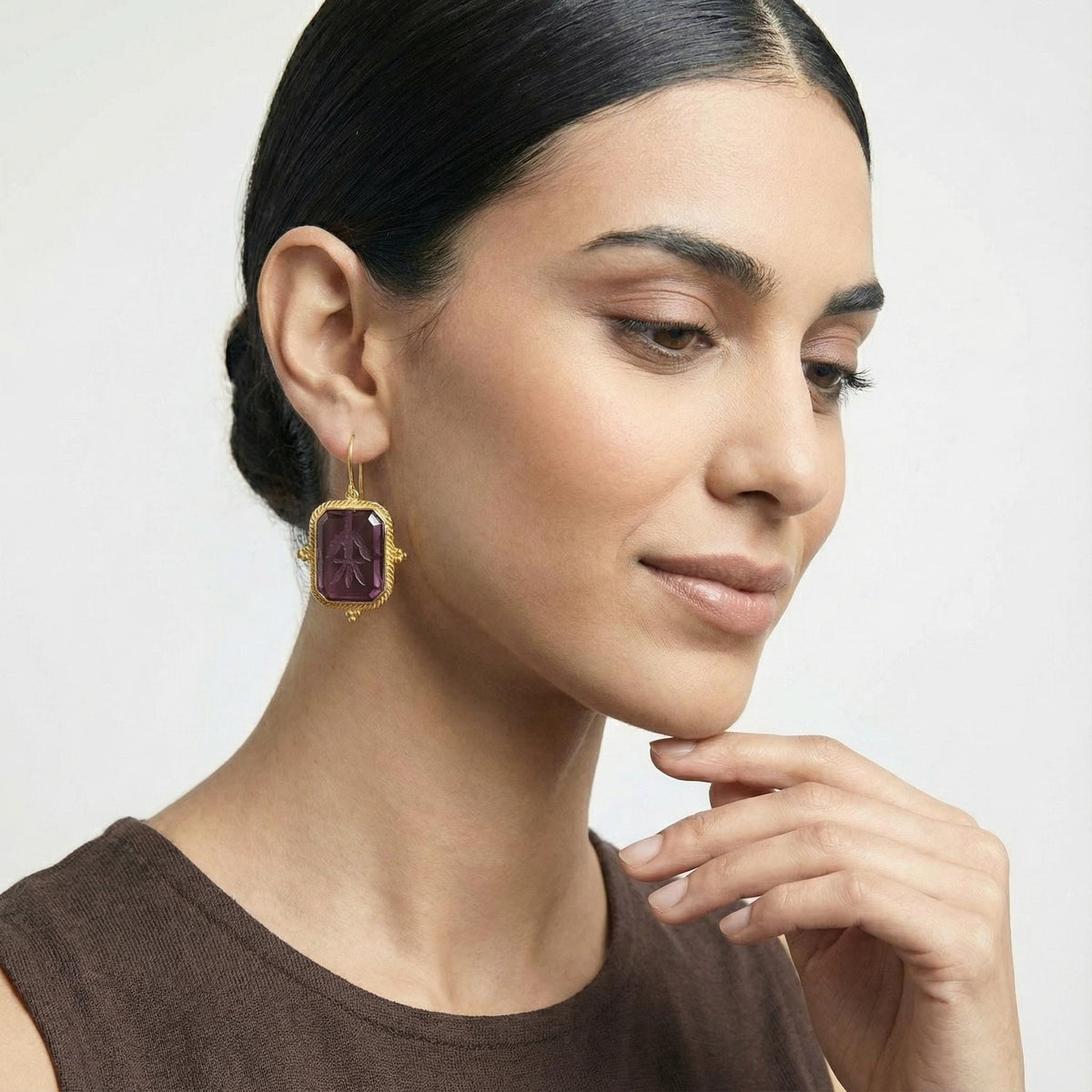 Purple Glass Intaglio Earrings, Art Deco Style, photo 13