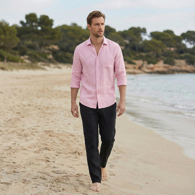 Men's Pure Button-Up Shirt, Breathable Linen Beach Shirt, Linen for Men