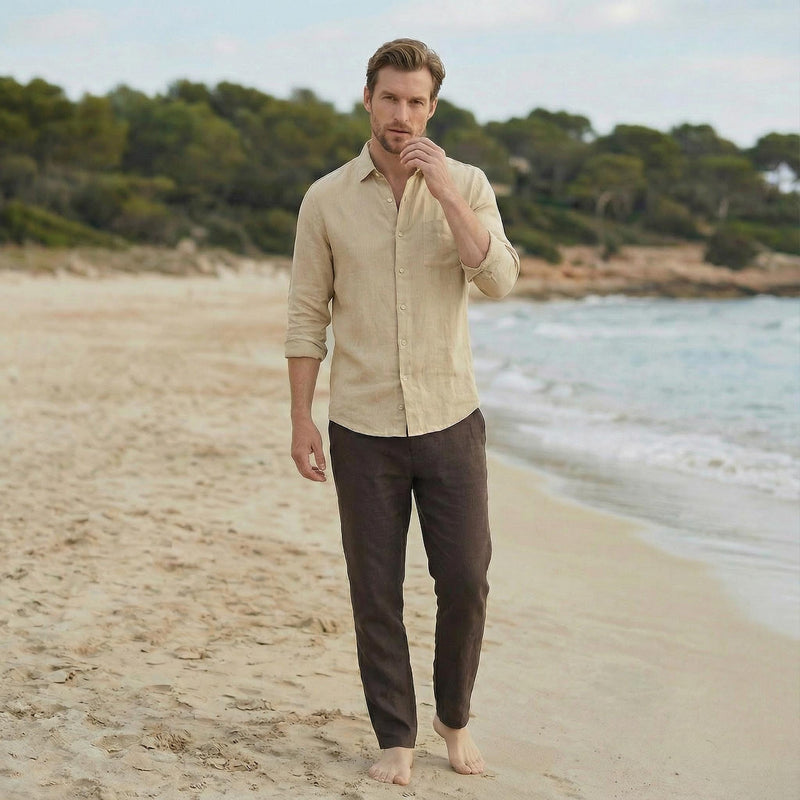 Pure Linen Button-Up Shirt, linen clothes for men, fashionable mens clothing, Long-Sleeved Shirts Summer