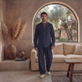 Linen clothes for Men, Relaxed Fit Linen Shirt with Mandarin Collar, Minimal placket look short front slit, Men Linen Resort Wear