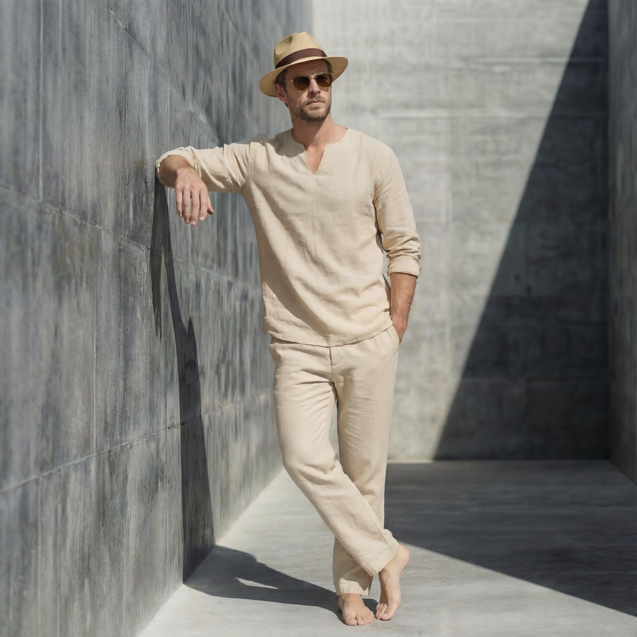 Men Natural Linen Relaxed Fit Notched Neck Shirt with Full Sleeves, Men's Linen Shirt, Modern Fit, mens summer tshirt, stylish tshirts
