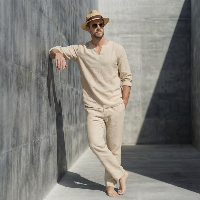 Men's Linen Notched V-Neck Shirt, Full Sleeve