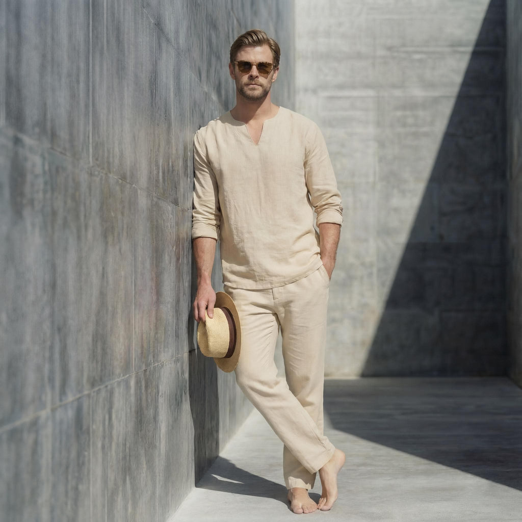 Men Natural Linen Relaxed Fit Notched Neck Shirt with Full Sleeves, Men's Linen Shirt, Modern Fit, mens summer tshirt, stylish tshirts
