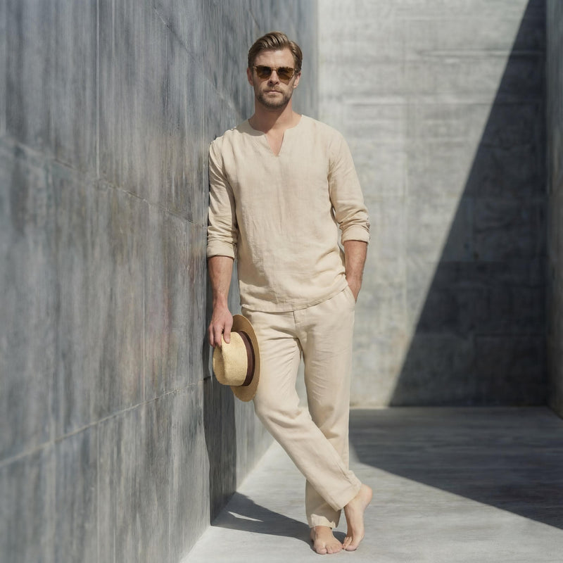 Men's Linen Notched V-Neck Shirt, Full Sleeve, photo 4