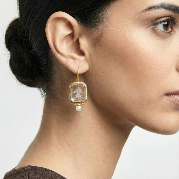 Clear Crystal Intaglio Earrings, Natural Pearl, Greek Roman Style