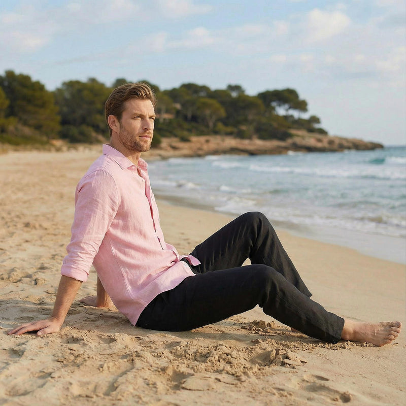 Men's Pure Linen Button Up Shirt, Beach Ready