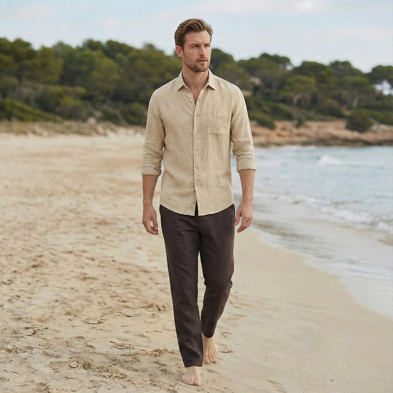 Pure Linen Button-Up Shirt, linen clothes for men, fashionable mens clothing, Long-Sleeved Shirts Summer