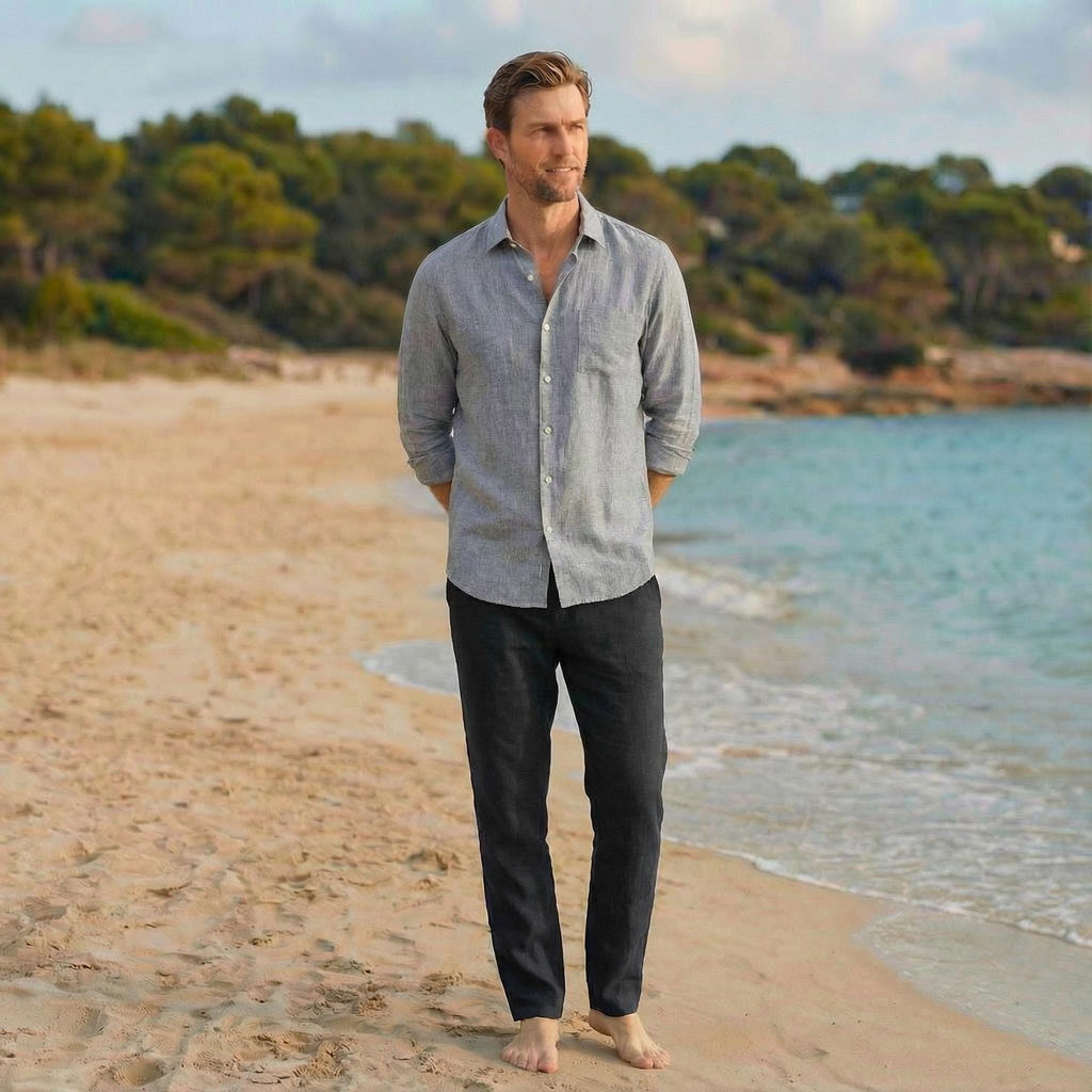 mens linen clothes, relaxed daily wear, summer button up, comfort fit shirt, simple casual fit, beach casual top