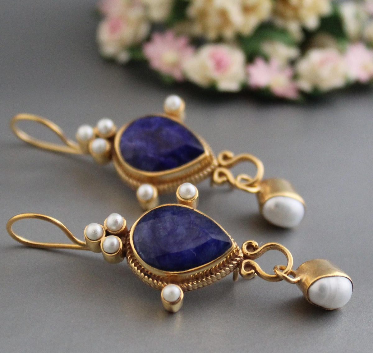 Sapphire Intaglio Earrings, Pear Cut, Victorian Style, 18K Gold Vermeil, photo 2