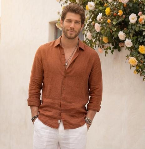 Men's Beach Linen Shirt, Straight Collar