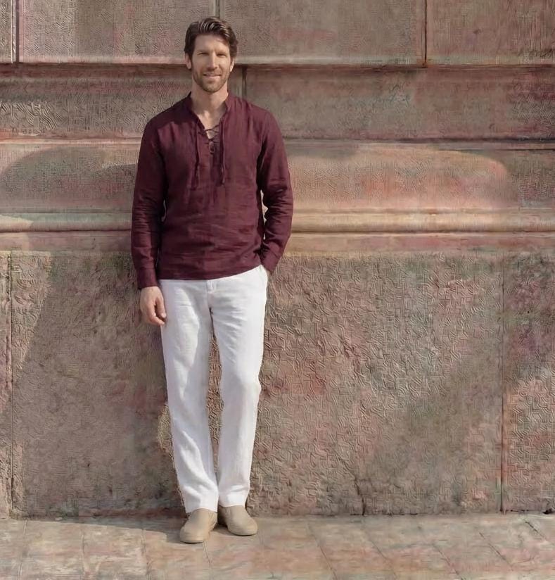 Men's Linen Lace-Up Neck Beach Tunic Shirt