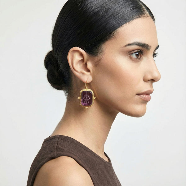 Purple Glass Intaglio Earrings, Art Deco Style