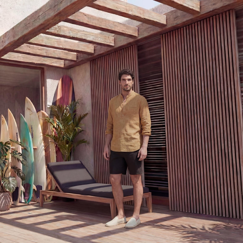 Men's Linen Mandarin Collar Shirt with Half Placket, Men's Linen Short Sleeve Shirt, Casual Beach Top for men