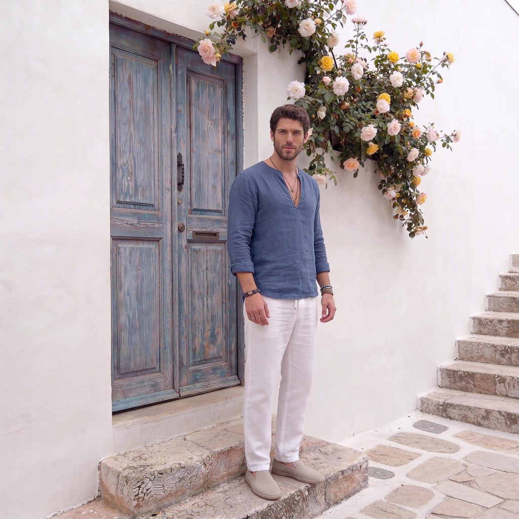Linen Shirt in Deep V-Slit Neck with Full Sleeves, Men Natural Linen Relaxed Fit Shirt, Mens linen t-shirt, Summer t-shirt, Stylish Shirt