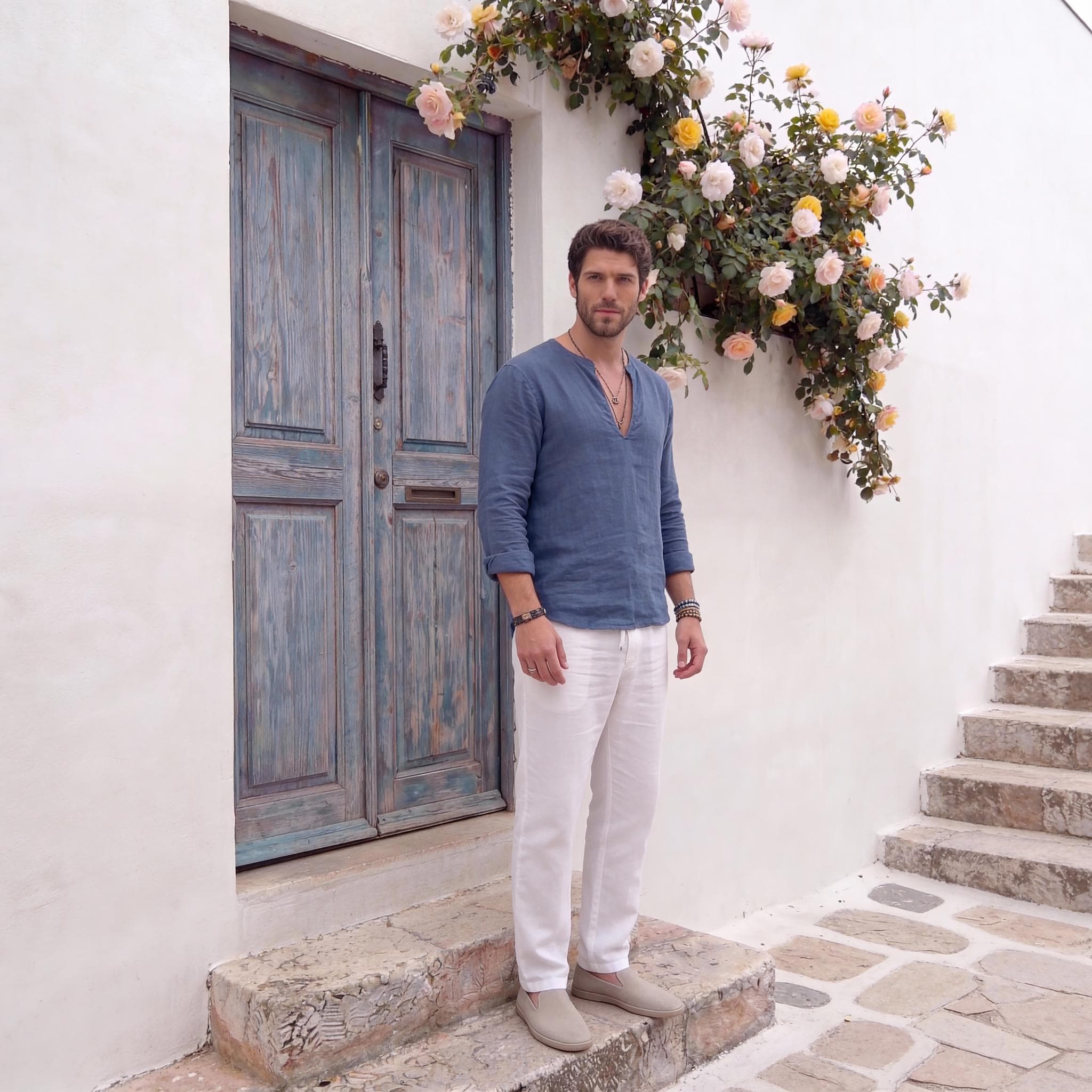Linen Shirt in Deep V-Slit Neck with Full Sleeves, Men Natural Linen Relaxed Fit Shirt, Mens linen t-shirt, Summer t-shirt, Stylish Shirt
