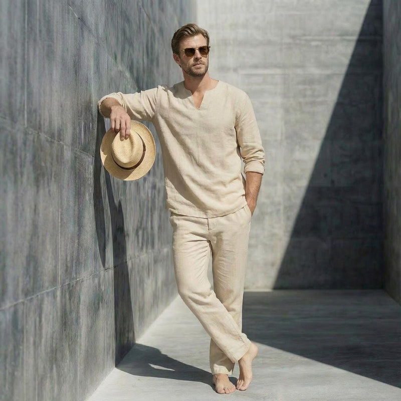 Men's Linen Notched V-Neck Shirt, Full Sleeve, photo 3