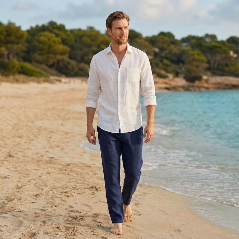 Men's Linen Button Up Shirt, Straight Collar