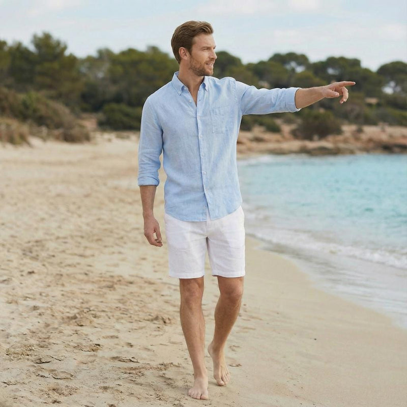 Men's Straight Collar Linen Shirt, Full Sleeve