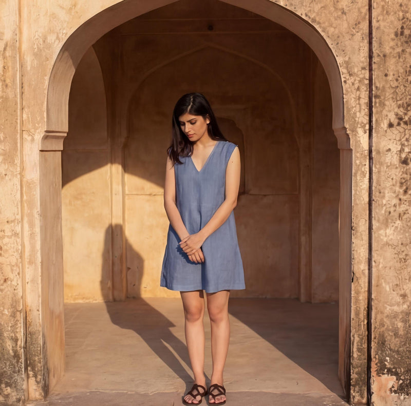 Sleeveless Linen Mini Dress, V-Neck Tunic