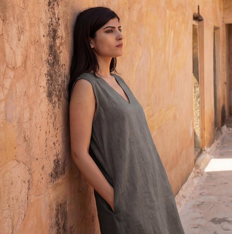 Handmade Linen Midi Dress, V-Neck Tunic, photo 2