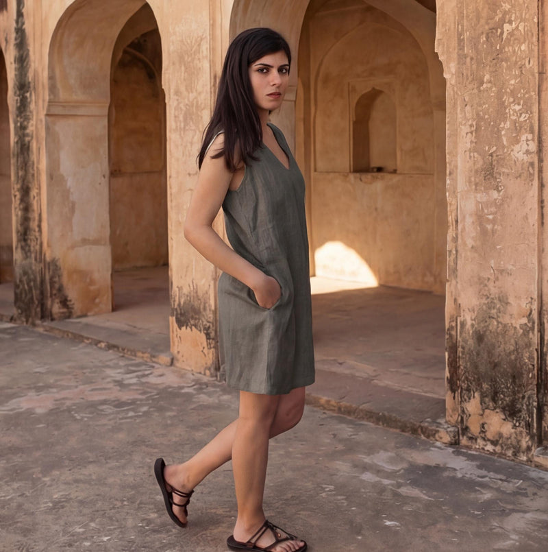 Handmade Linen Midi Dress, V-Neck Tunic, photo 3