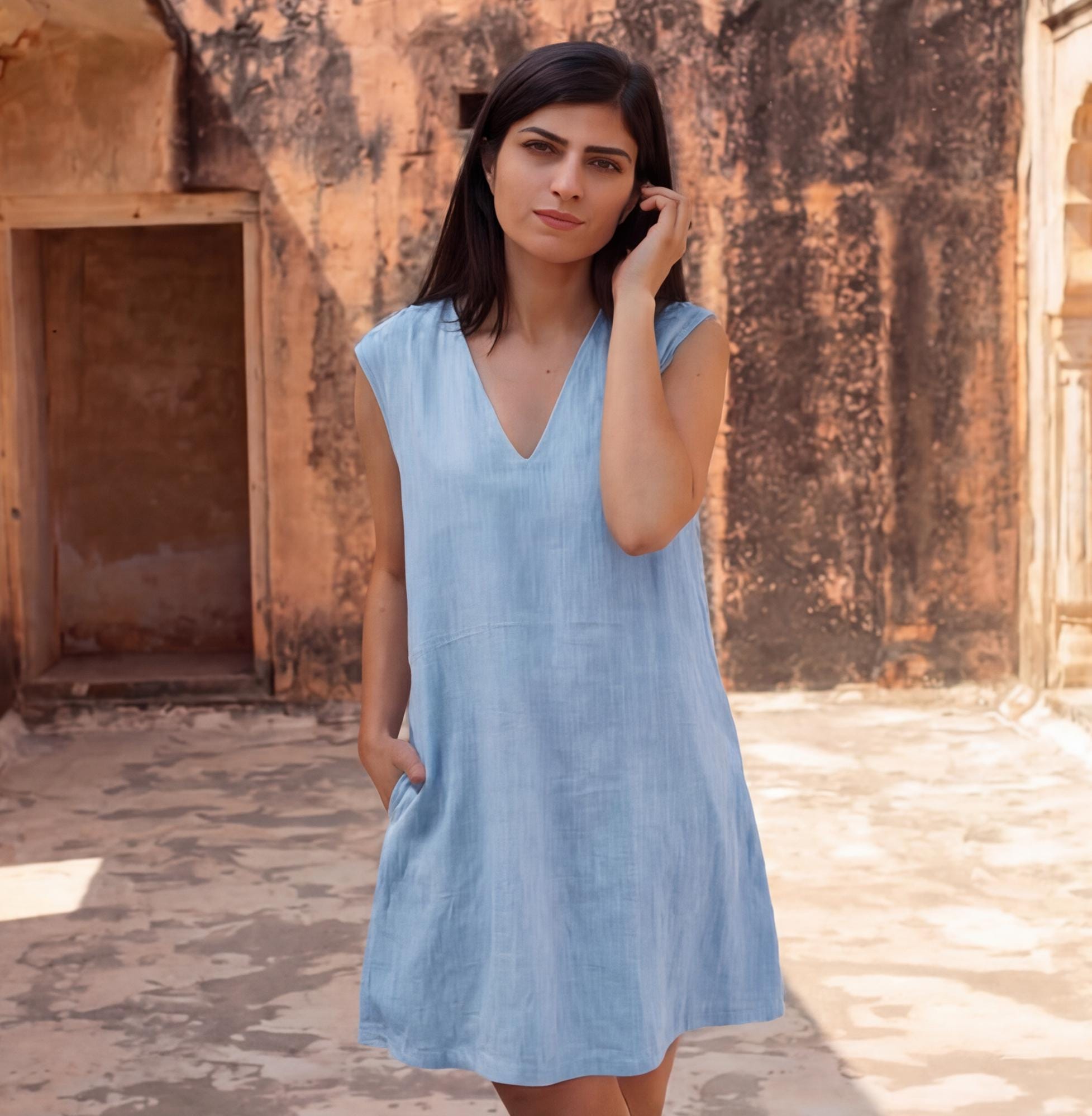 Linen Tunic Dress, linen dresses with pockets, Sleeveless Summer Dress, Relaxed Fit