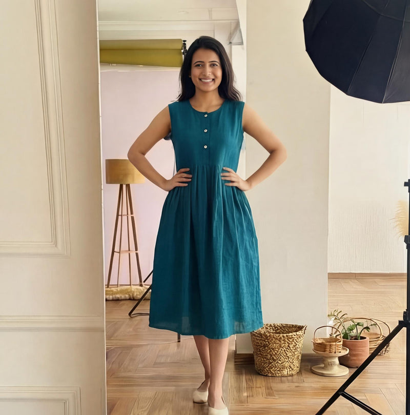 Linen Midi Dress with Buttoned Yoke