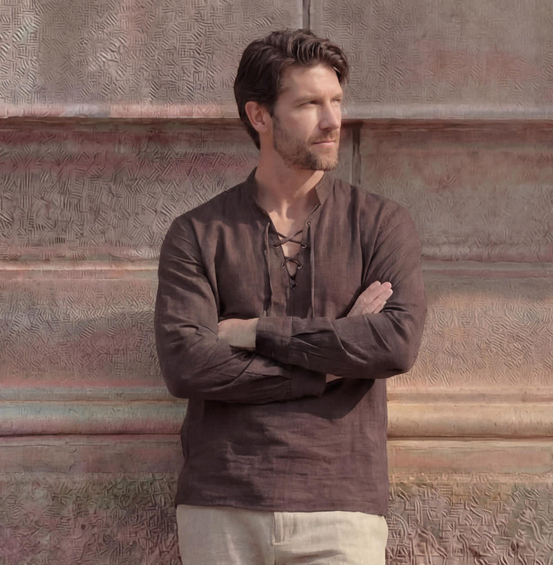 Men's Linen Lace-Up Neck Shirt, Renaissance Viking Tunic, Summer Beach Top