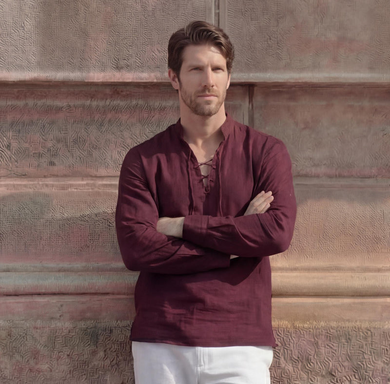 Men's Linen Lace-Up Neck Beach Tunic Shirt, photo 3