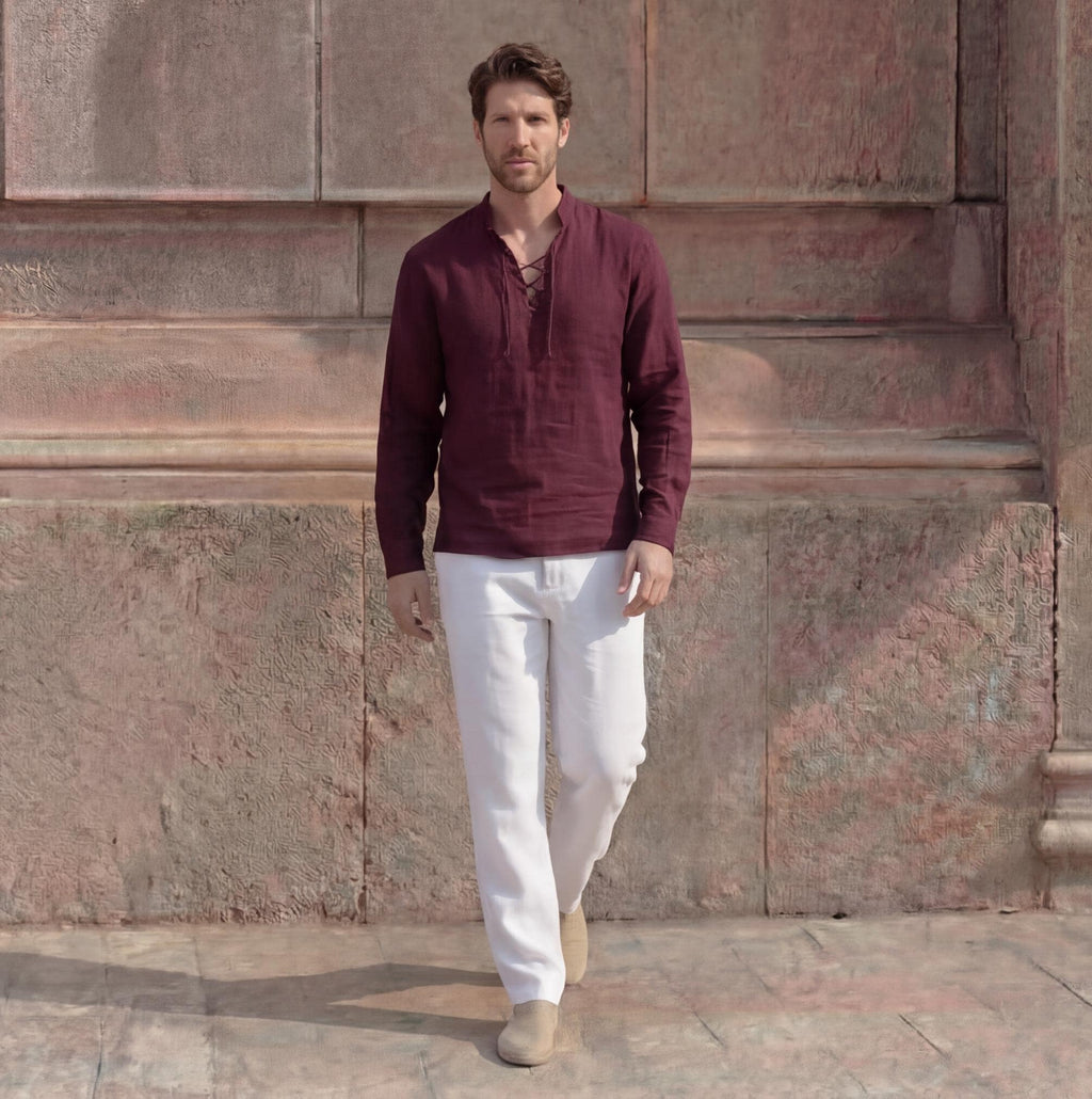 Mens Linen Shirt, Full Sleeves Linen Shirts for Men, Lace-Up Neck Shirt, Renaissance Top for Men, Viking Tunic, Beach linen shirt