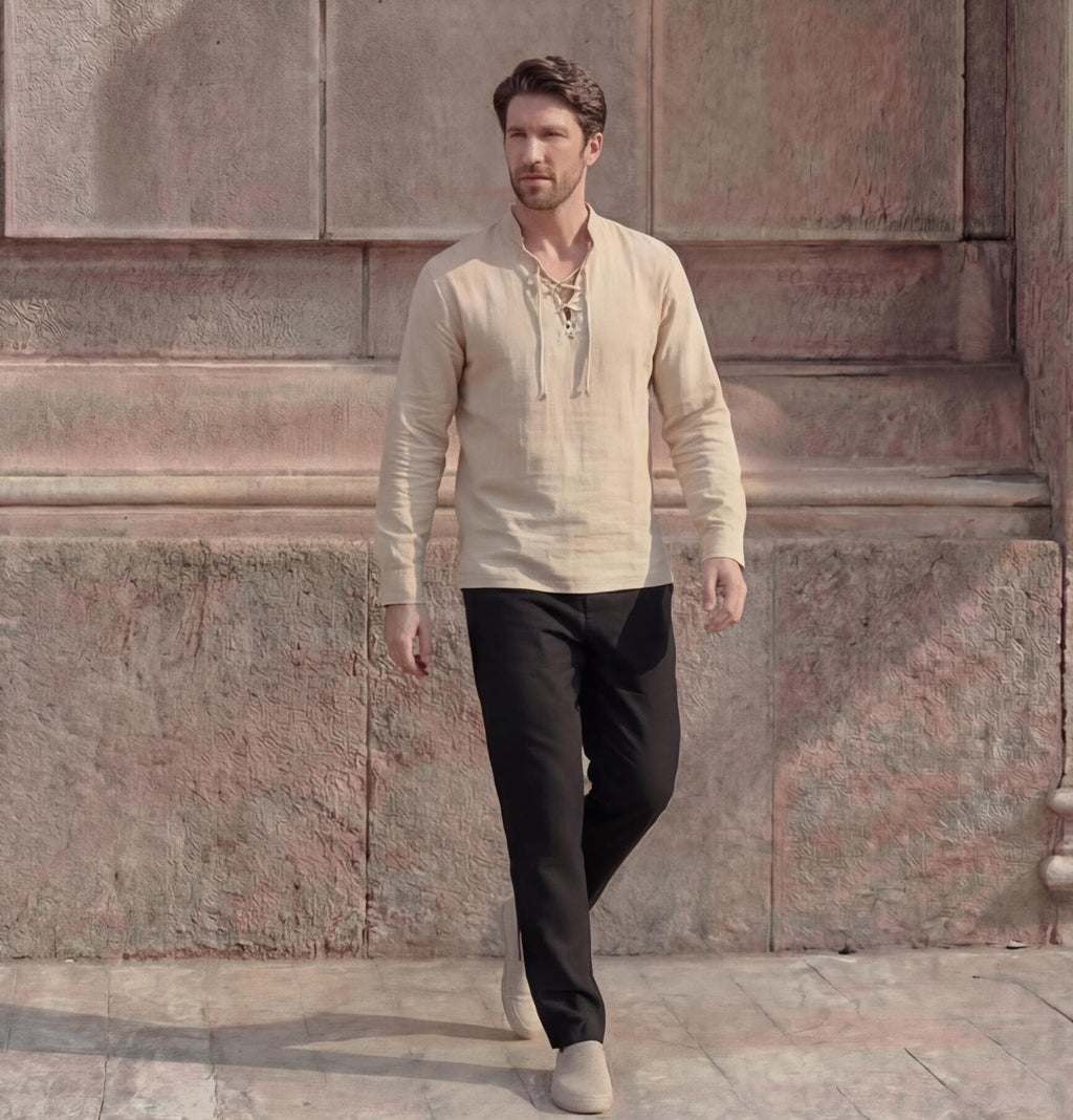 Long Sleeve Lace-Up Neck Shirt, Renaissance Top for Men, Viking Tunic, Men's Linen Shirt, Modern Fit