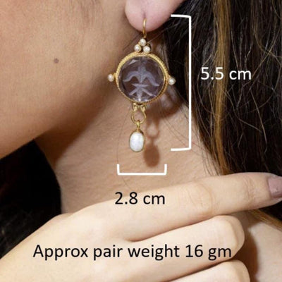 Blue Glass Intaglio Earrings, Vintage Bridal Pearl Drops, Brass, photo 3
