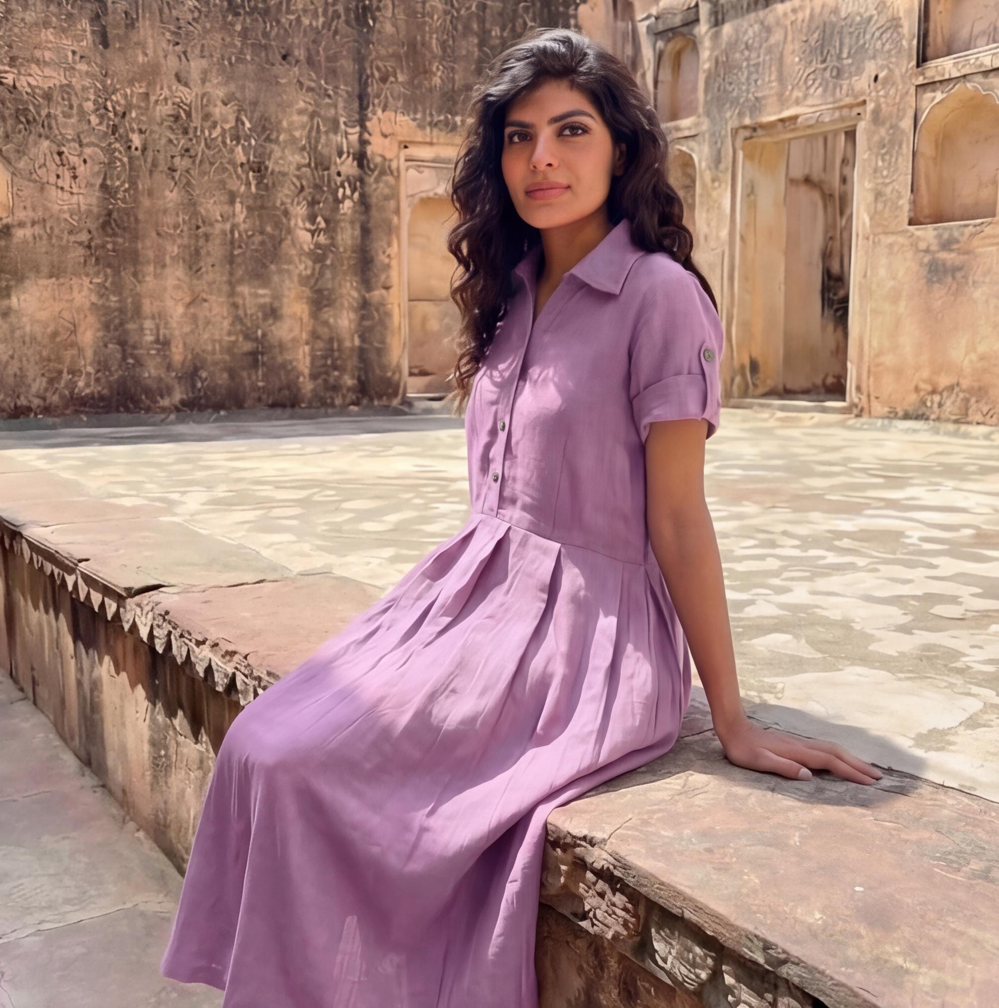 Linen Midi Dress With Shirt collar and Half sleeves, Linen Shirt Dress, Pleated Skirt Dress with Pockets, Empire Tunic, Handmade Outfit