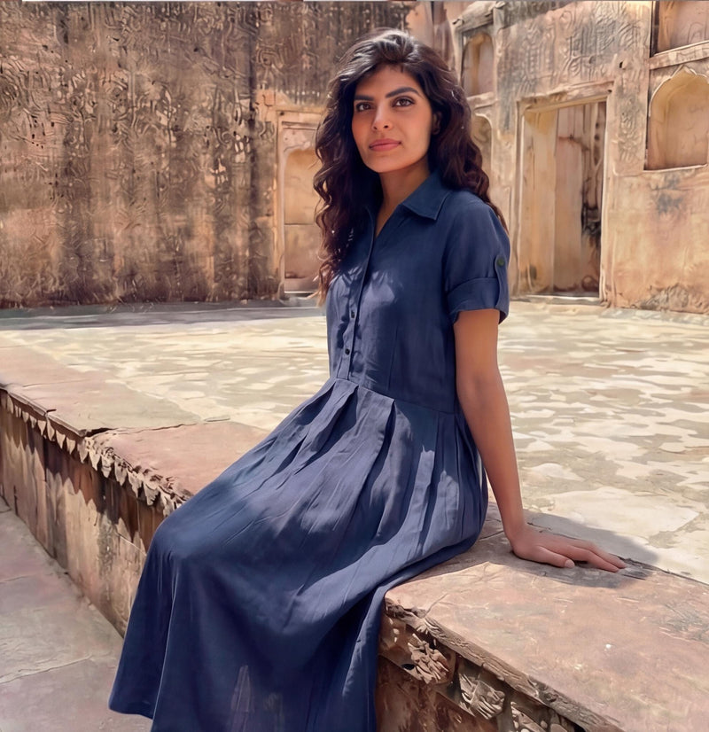Linen Midi Dress With Shirt collar, Half sleeves Linen Shirt Dress, Pleated Dress with Pockets, spring linen dress, plus size clothing
