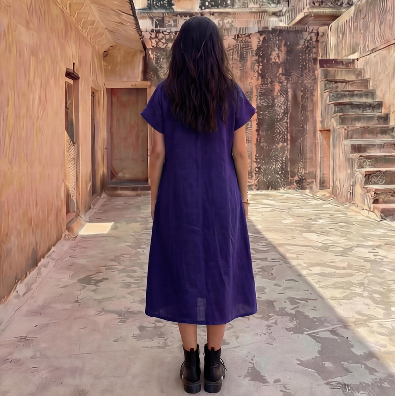 Linen Midi Dress With Shirt collar, Half sleeves Linen Shirt Dress, Pleated Dress with Pockets, spring linen dress, plus size clothing
