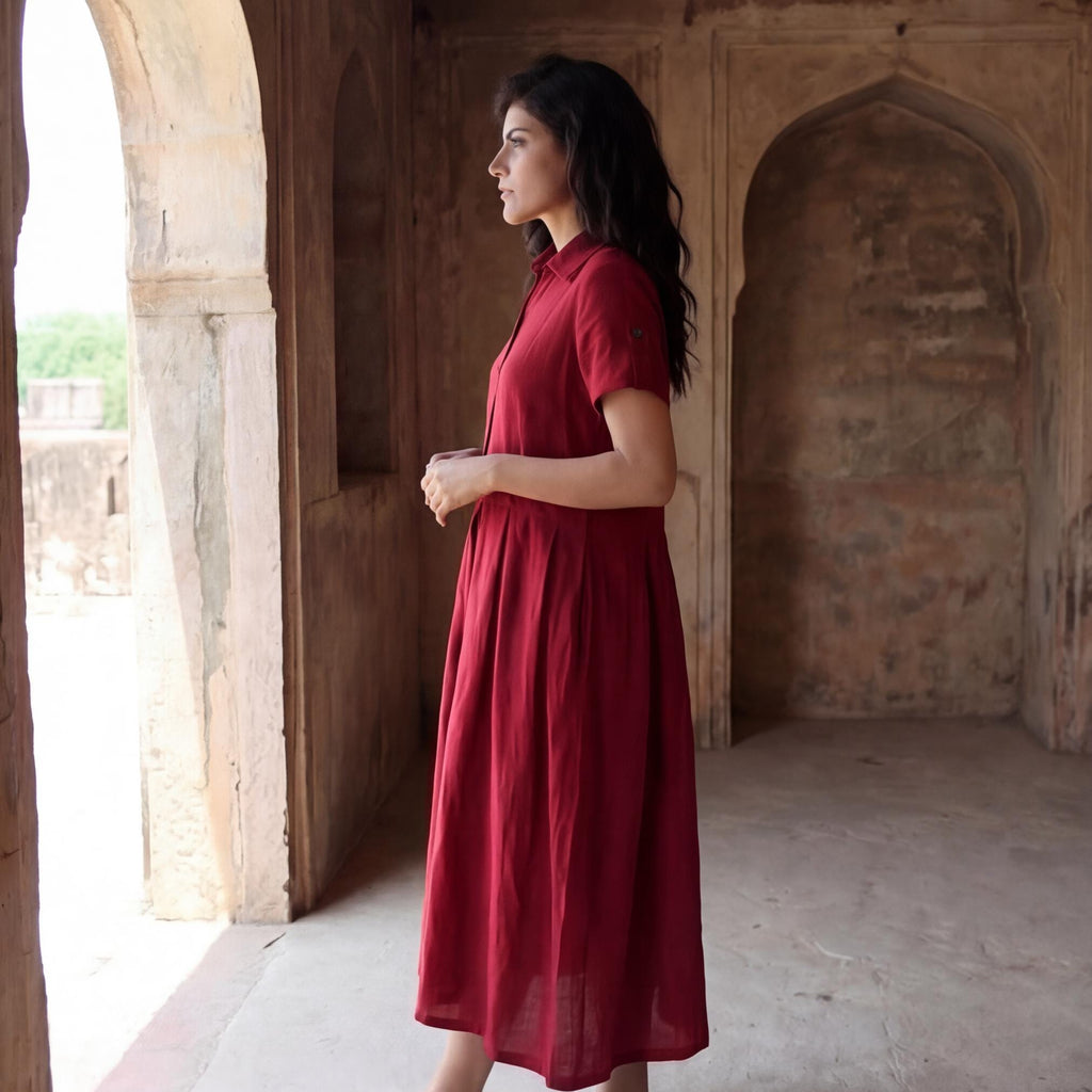 Short-Sleeve Linen Midi Dress with Collar and Pleated Waist, minimalistic style, nursing dress, cottagecore dress, linen dress long