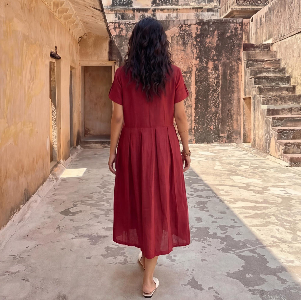 Short-Sleeve Linen Midi Dress with Collar and Pleated Waist, minimalistic style, nursing dress, cottagecore dress, linen dress long