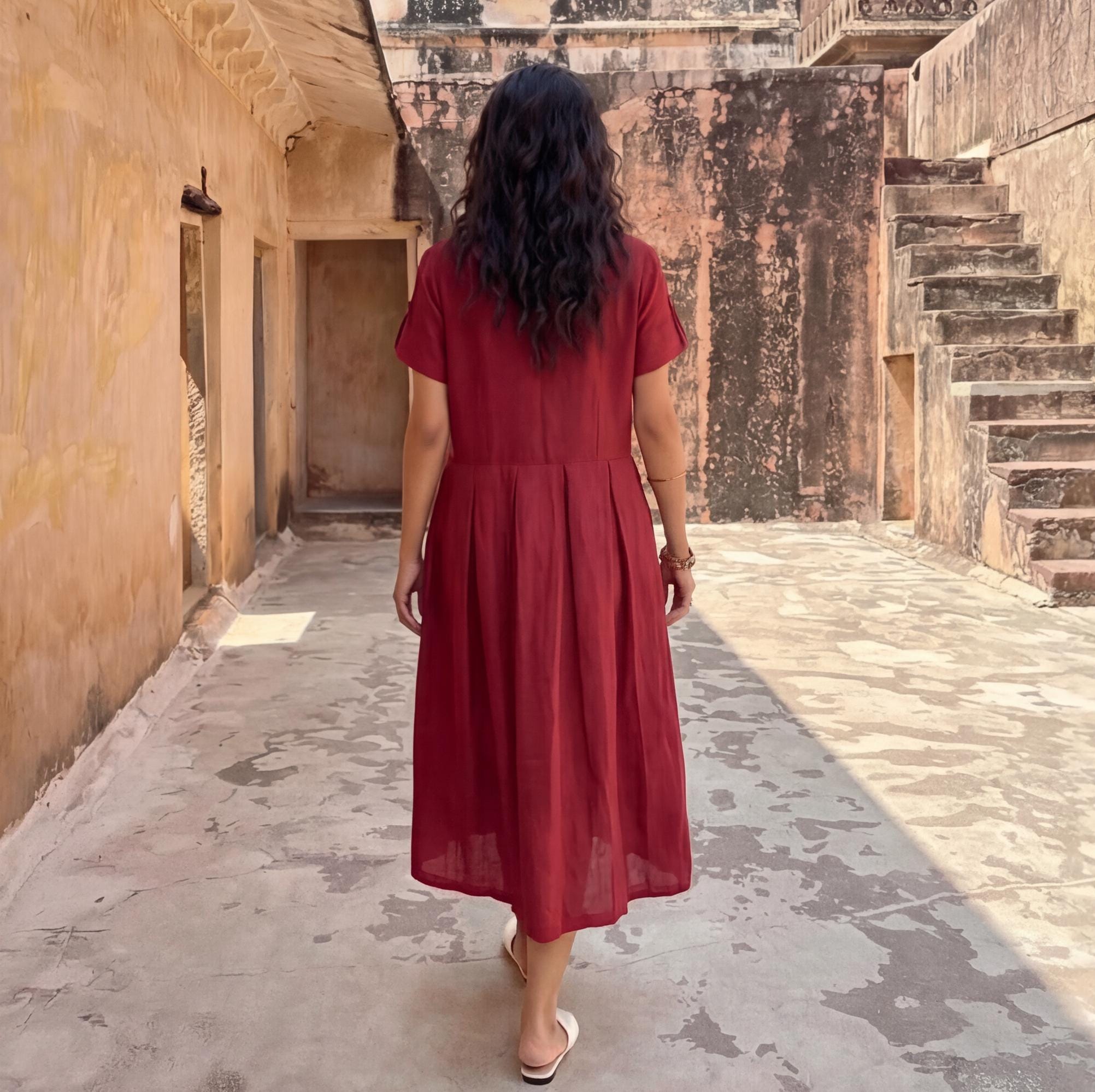 Short-Sleeve Linen Midi Dress with Collar and Pleated Waist, minimalistic style, nursing dress, cottagecore dress, linen dress long