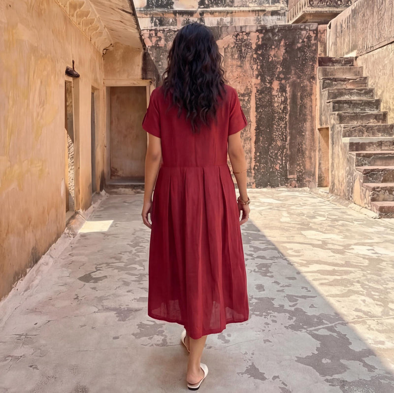 Linen Midi Dress with Collar, Pleated Waist, photo 3