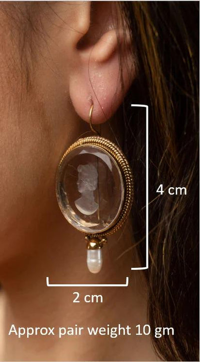 Opal Glass Intaglio Earrings, Art Deco Pearl Drops, Brass, photo 3