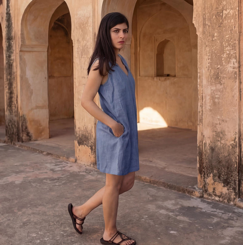 Sleeveless Linen Mini Dress, V-Neck Tunic, photo 3