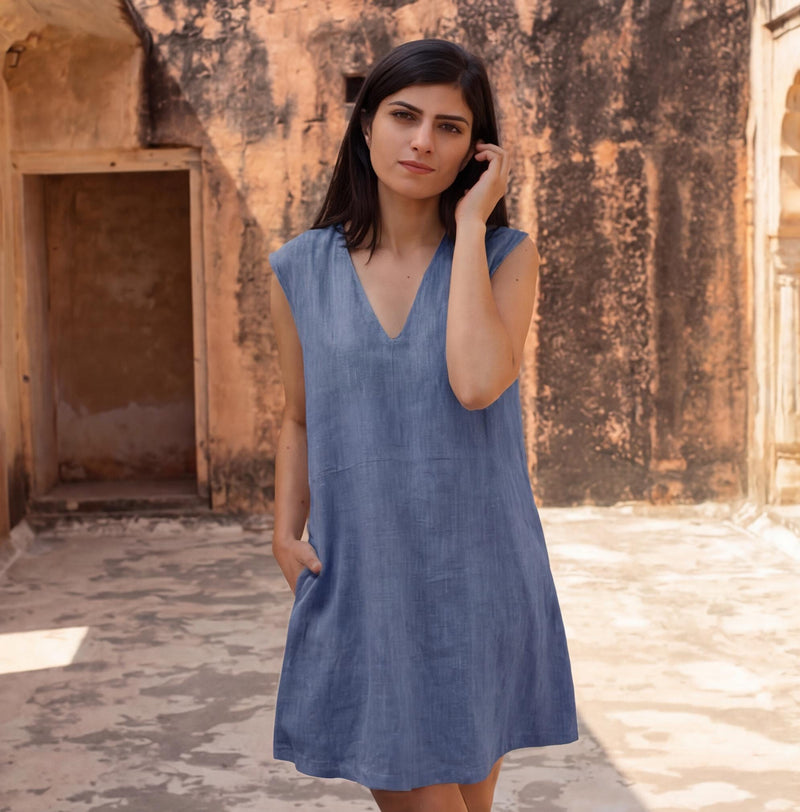 Sleeveless Linen Mini Dress, V-Neck Tunic, photo 2