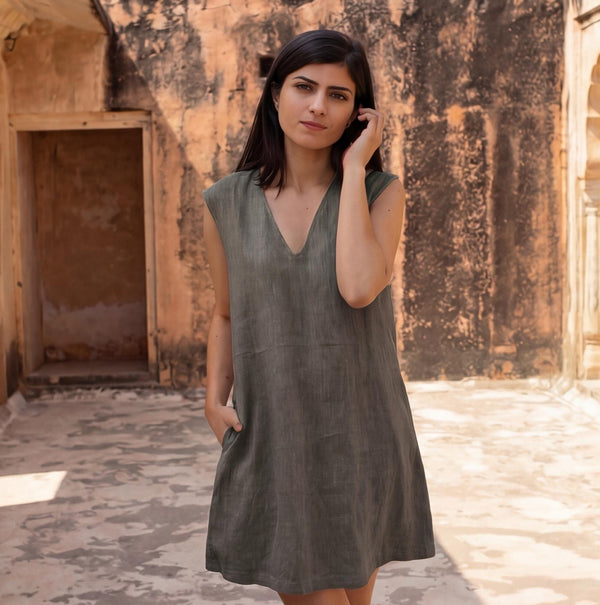 Handmade Linen Midi Dress, V-Neck Tunic