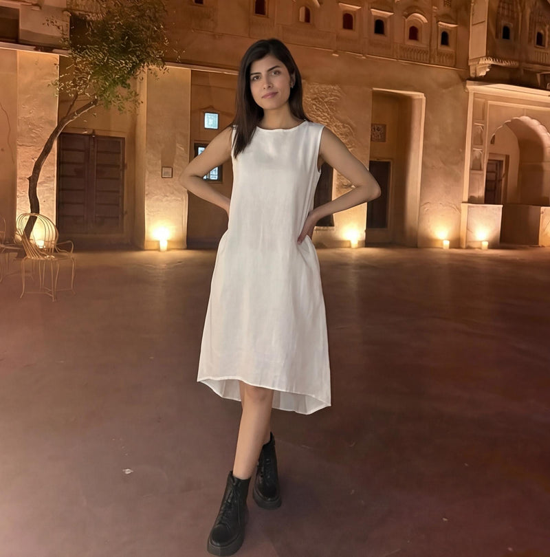 White Linen Midi Dress, Sleeveless Tunic