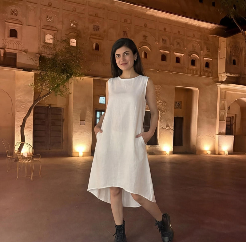 White Linen Midi Dress, Sleeveless Tunic, photo 2