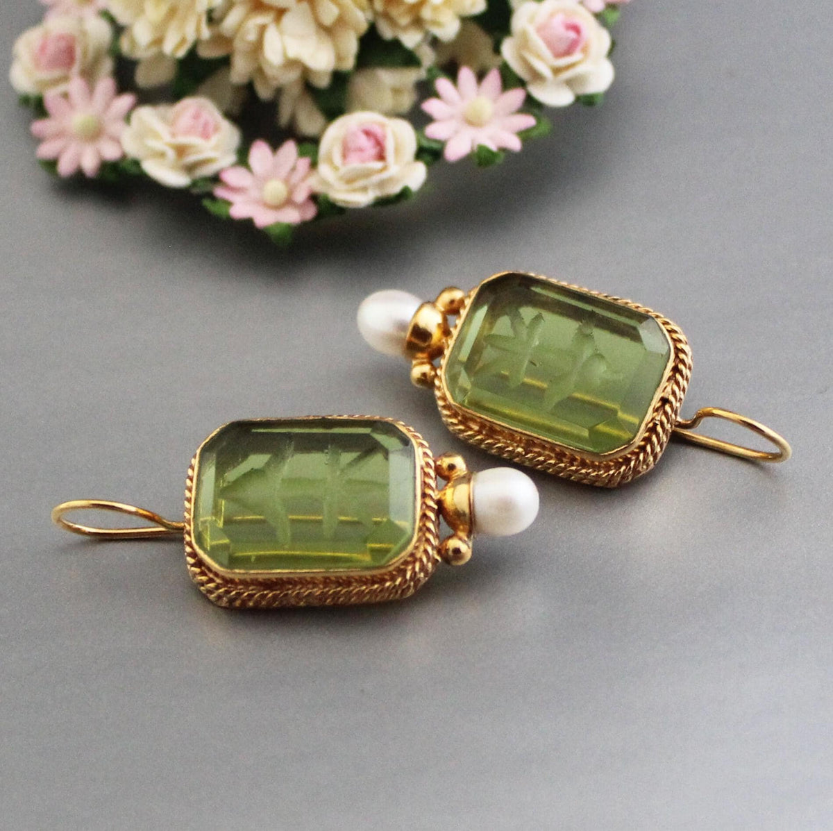 Green Glass Intaglio Earrings, Bridal Pearl Accent, Brass