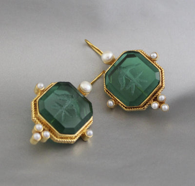 Green Intaglio Earrings, Victorian Style, Gold Brass