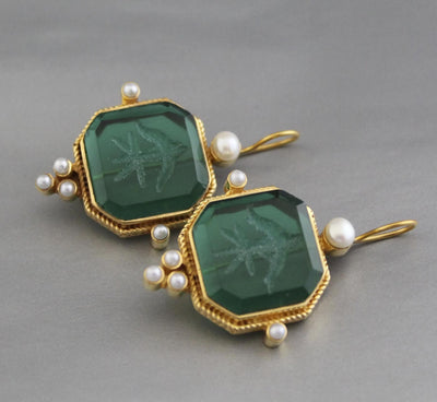 Green Intaglio Earrings, Victorian Style, Gold Brass, photo 7