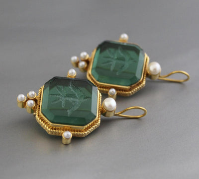 Green Intaglio Earrings, Victorian Style, Gold Brass, photo 6